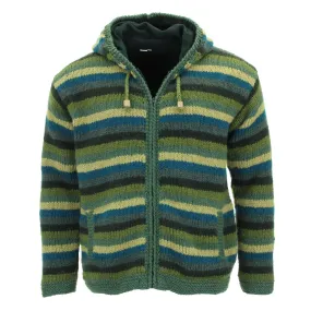 Hand Knitted Wool Hooded Jacket Cardigan - Stripe Green Blue