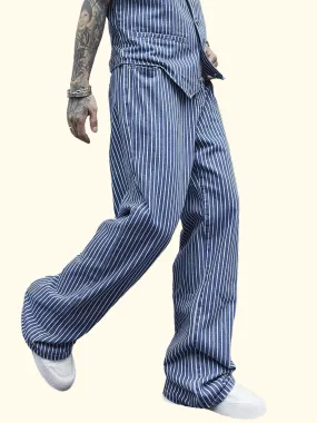 Relaxed Fit Striped Denim Pants for Men - Comfortable, Breathable, Versatile Business Casual Wear for Daily Life - Soft Fabric, Adjustable Waistband, Multiple Pockets