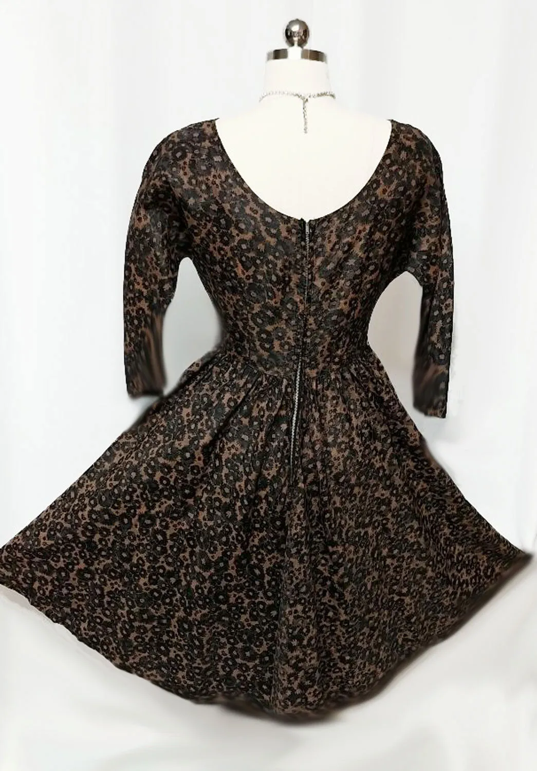 * VINTAGE '50s BLACK & COPPER FLORAL DRESS SPRINKLED WITH RHINESTONES & BEADS WITH A METAL ZIPPER