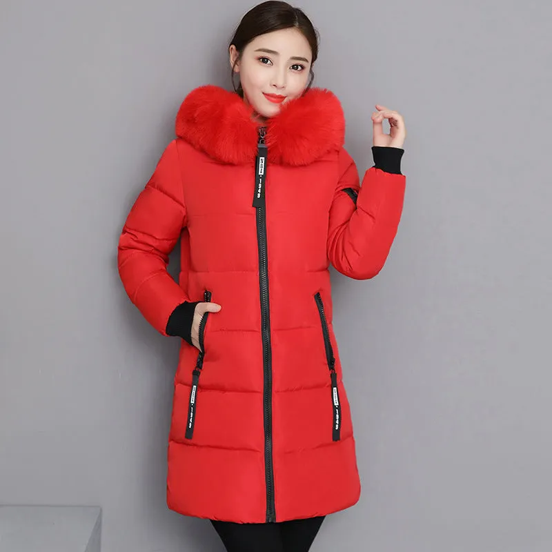 2024 cotton-padded clothes women's medium and long slim and thin cotton-padded clothes jacket large size large fur collar thickened large size cotton-padded jacket tide wholesale