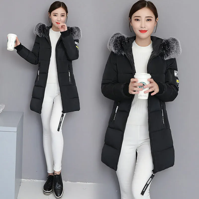 2024 cotton-padded clothes women's medium and long slim and thin cotton-padded clothes jacket large size large fur collar thickened large size cotton-padded jacket tide wholesale