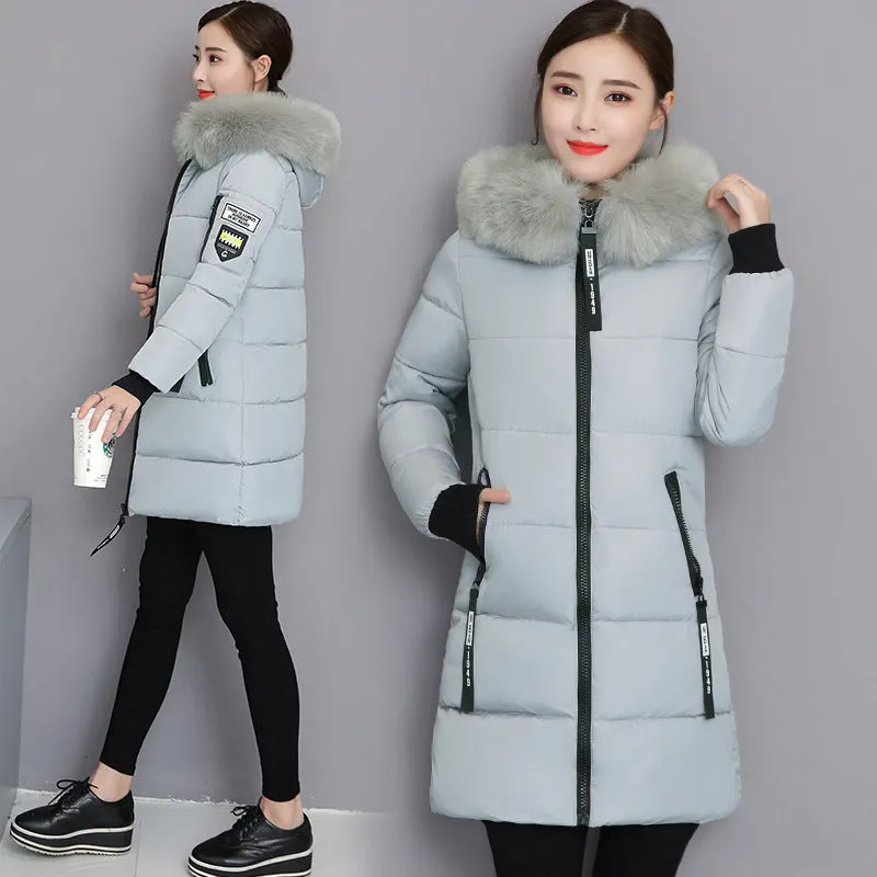 2024 cotton-padded clothes women's medium and long slim and thin cotton-padded clothes jacket large size large fur collar thickened large size cotton-padded jacket tide wholesale