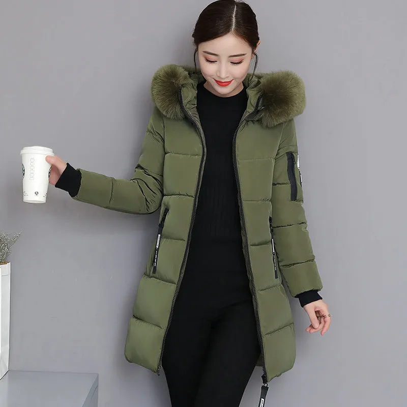 2024 cotton-padded clothes women's medium and long slim and thin cotton-padded clothes jacket large size large fur collar thickened large size cotton-padded jacket tide wholesale