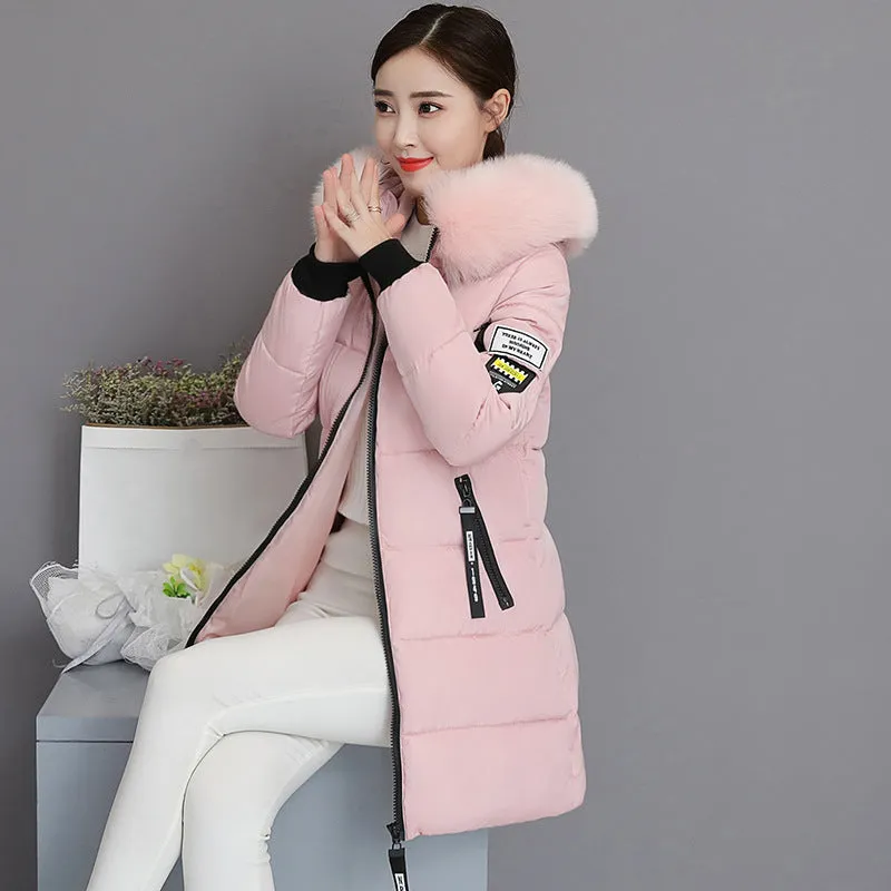 2024 cotton-padded clothes women's medium and long slim and thin cotton-padded clothes jacket large size large fur collar thickened large size cotton-padded jacket tide wholesale