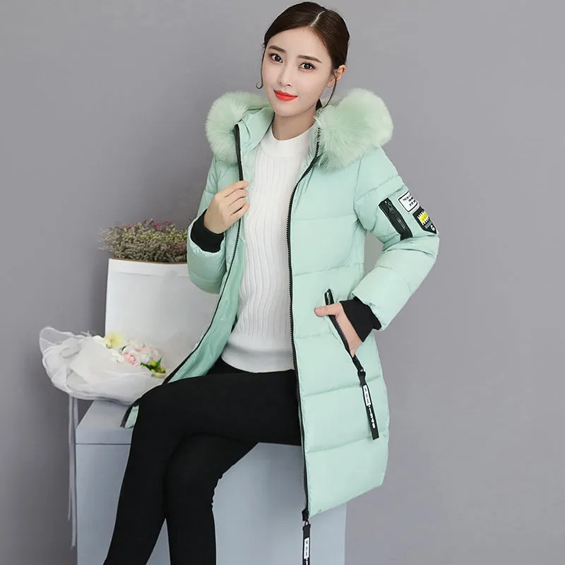 2024 cotton-padded clothes women's medium and long slim and thin cotton-padded clothes jacket large size large fur collar thickened large size cotton-padded jacket tide wholesale