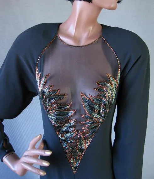 80s Women's Cocktail Dress Vintage Dynasty Diva Extreme Beaded Flames Peekaboo Medium VFG