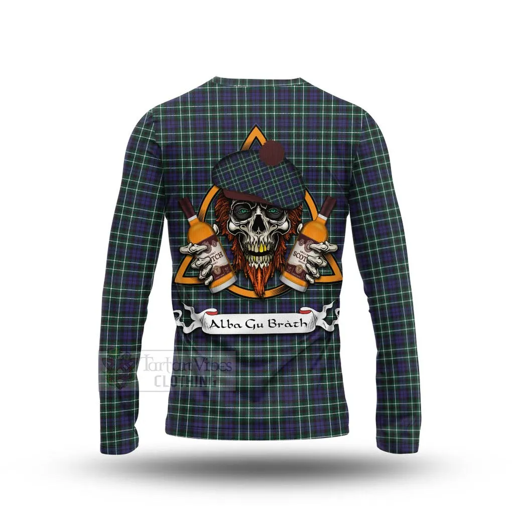 Allardice Tartan Long Sleeve T-Shirt with Family Crest and Bearded Skull Holding Bottles of Whiskey