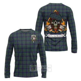 Allardice Tartan Long Sleeve T-Shirt with Family Crest and Bearded Skull Holding Bottles of Whiskey