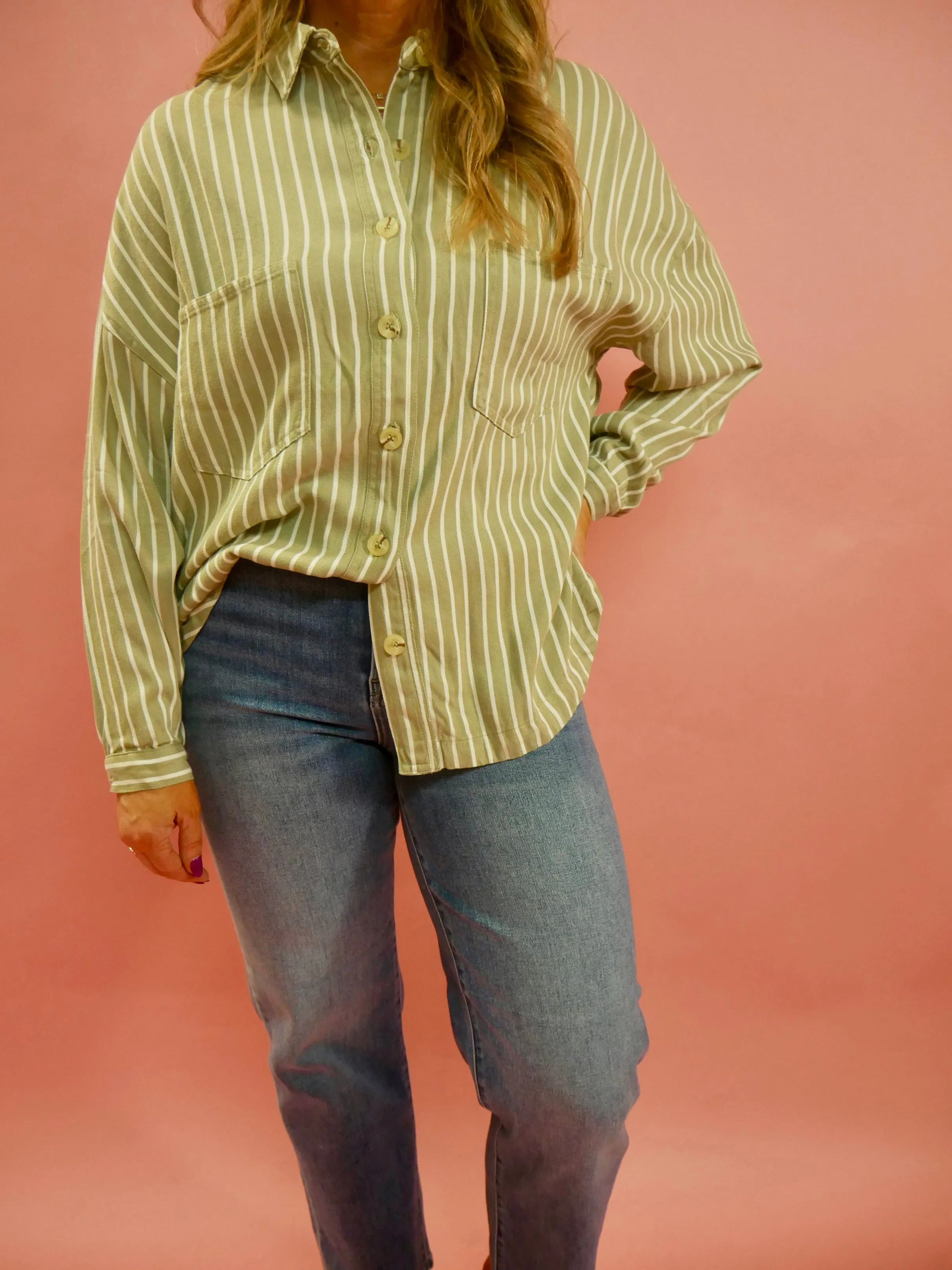 Amelia Long Sleeve Striped Button Down Top in Olive