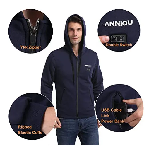 Anniou Men's Navy Heated Zip Up Hoodie