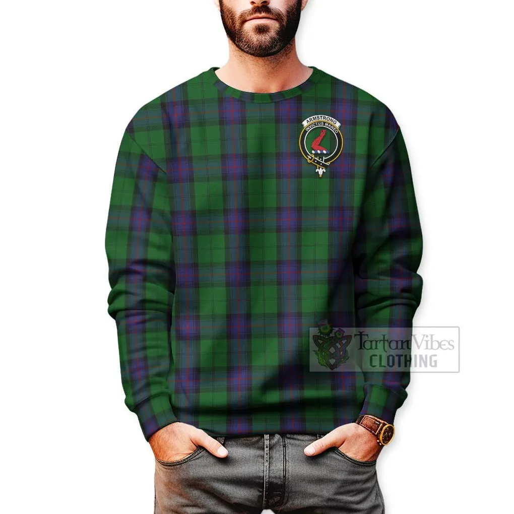 Armstrong Tartan Sweatshirt with Family Crest and Bearded Skull Holding Bottles of Whiskey