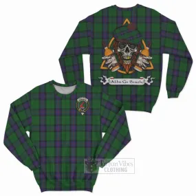 Armstrong Tartan Sweatshirt with Family Crest and Bearded Skull Holding Bottles of Whiskey