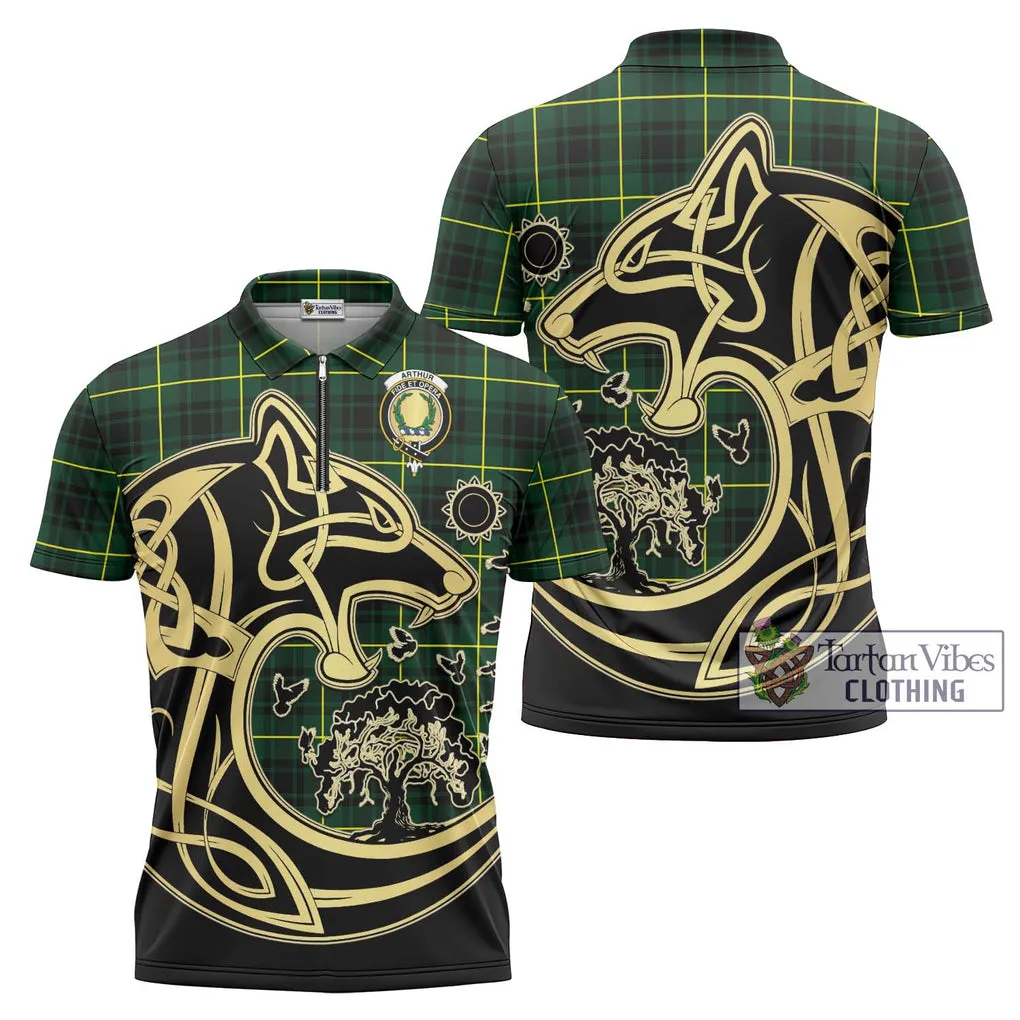 Arthur Modern Tartan Zipper Polo Shirt with Family Crest Celtic Wolf Style