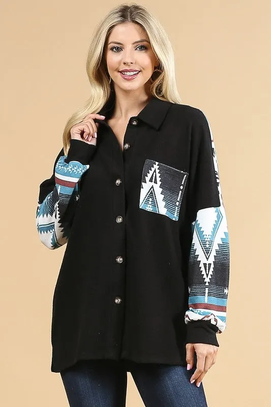 AZTEC PRINT COLOR BLOCK BUTTON DOWN SHACKET