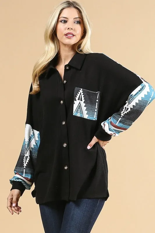 AZTEC PRINT COLOR BLOCK BUTTON DOWN SHACKET