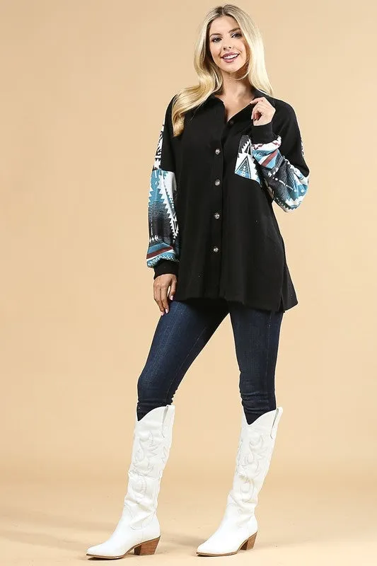 AZTEC PRINT COLOR BLOCK BUTTON DOWN SHACKET