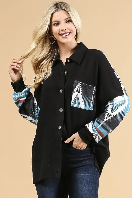 AZTEC PRINT COLOR BLOCK BUTTON DOWN SHACKET