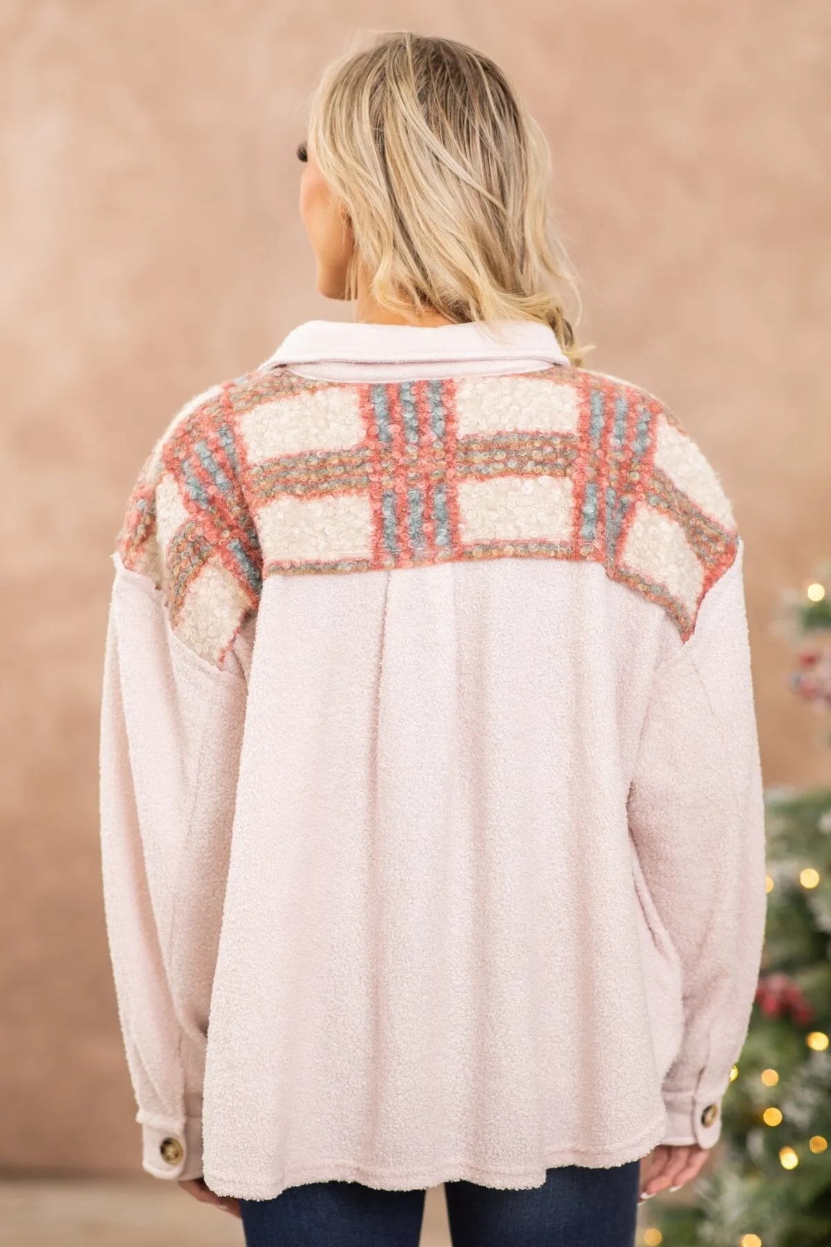 Baby Pink Plaid Sherpa Yoke Shacket