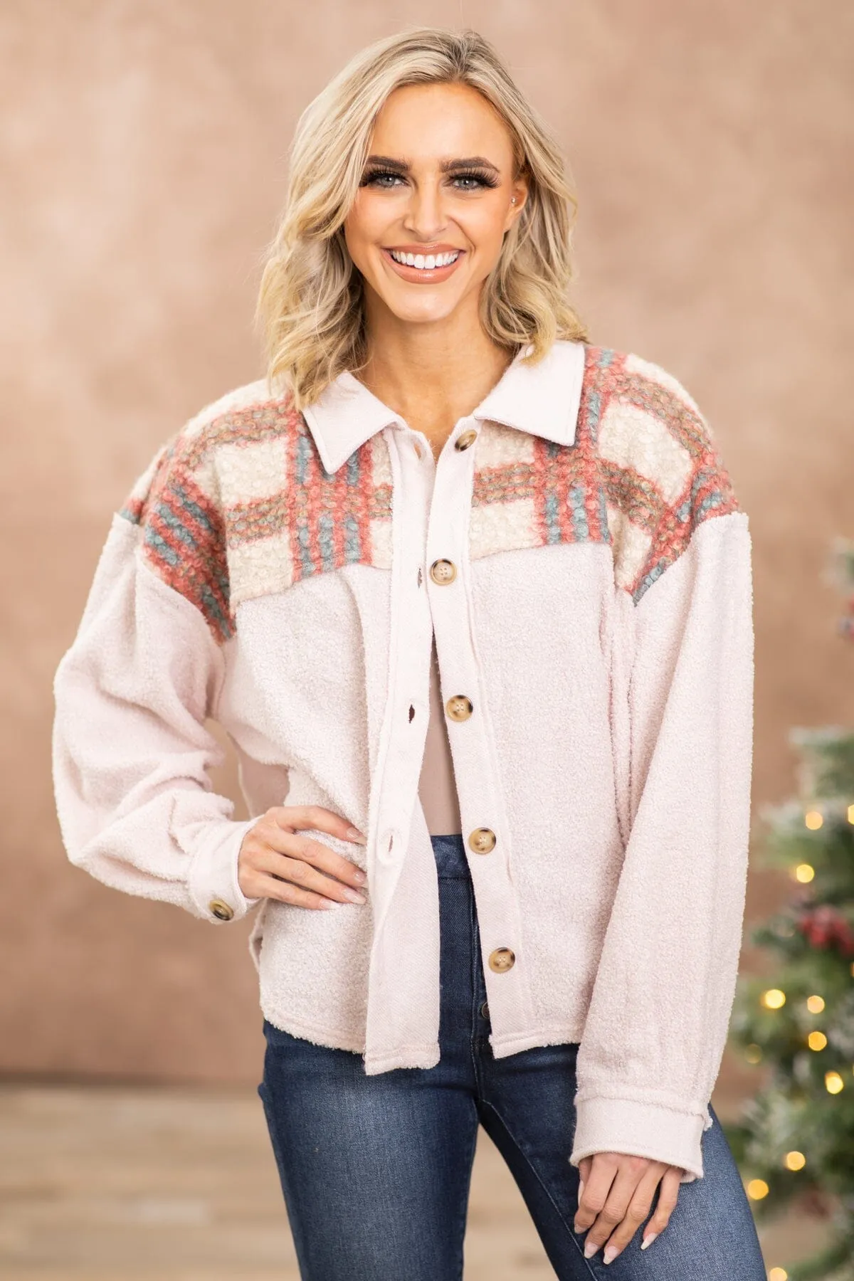 Baby Pink Plaid Sherpa Yoke Shacket