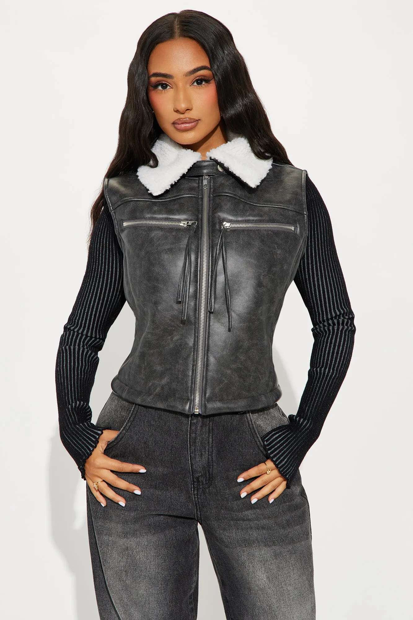 Bailey Washed Faux Leather Vest - Grey