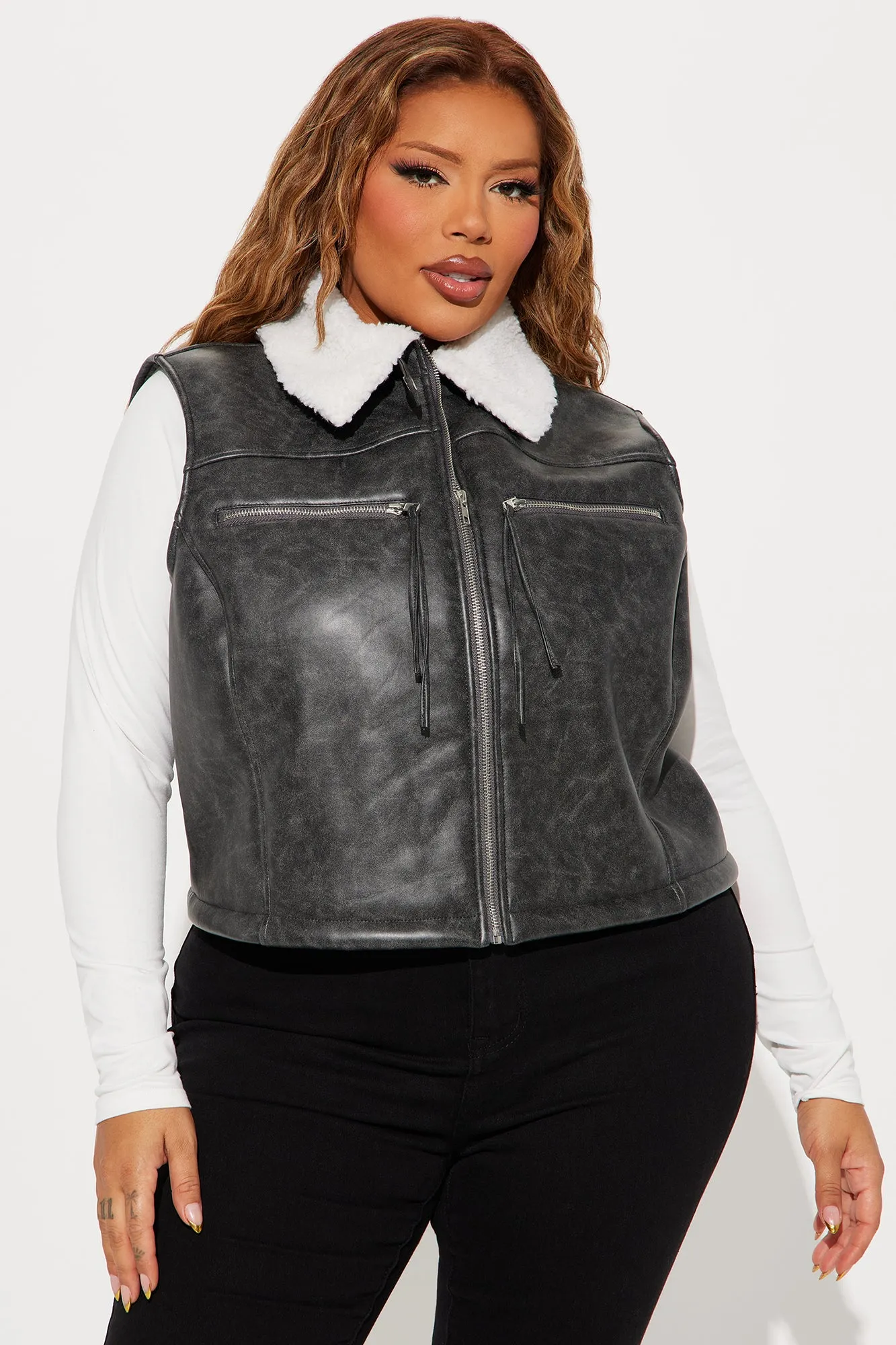 Bailey Washed Faux Leather Vest - Grey