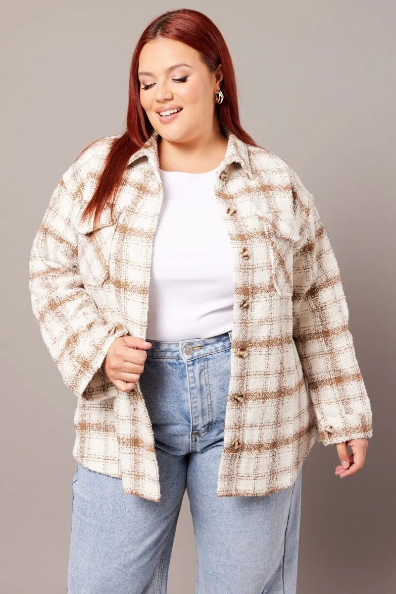 Beige Check Relaxed Shirt Long Sleeve Shacket