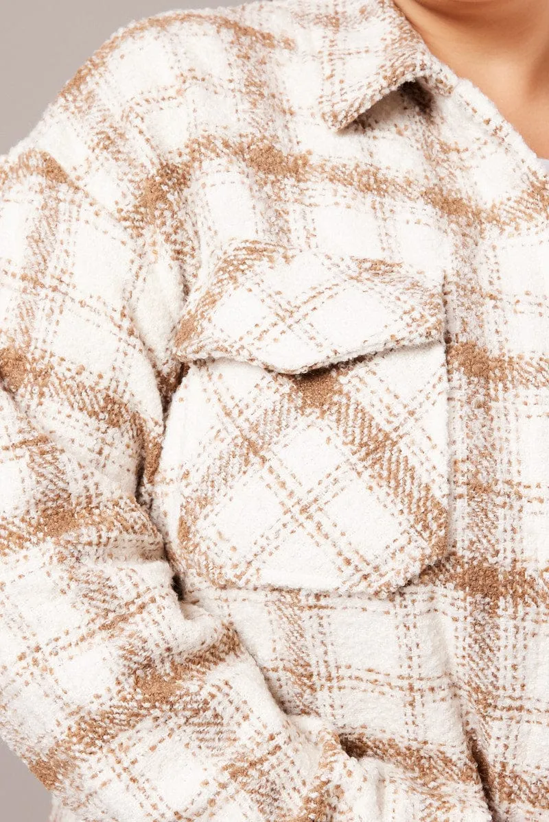 Beige Check Relaxed Shirt Long Sleeve Shacket