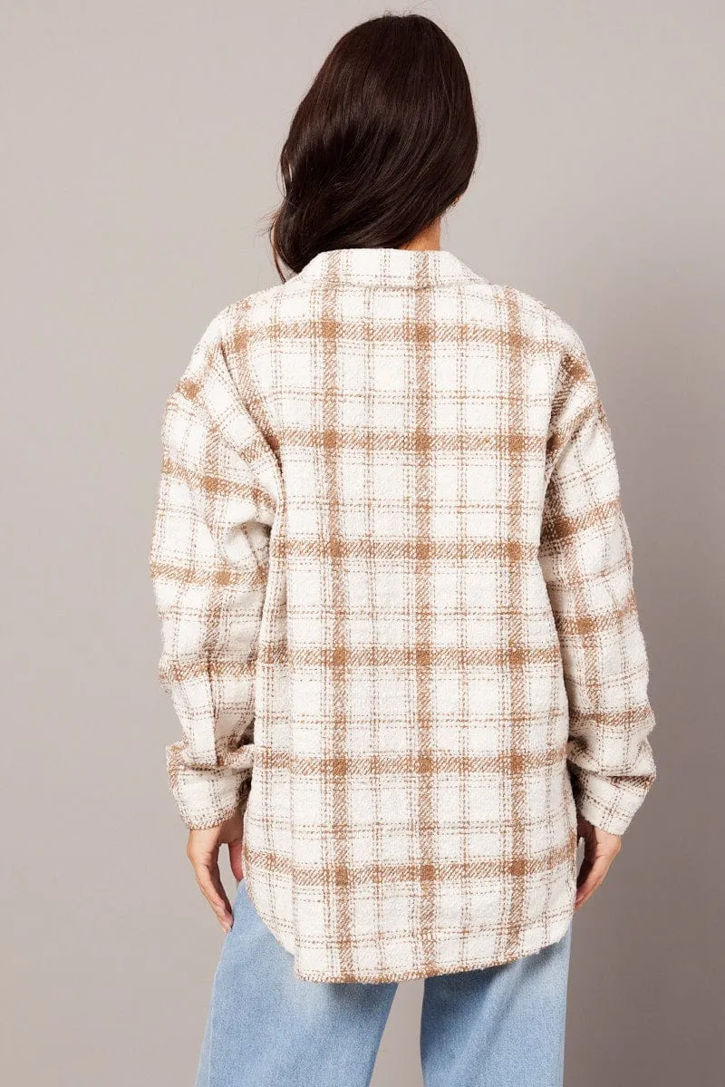 Beige Check Relaxed Shirt Long Sleeve Shacket