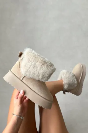 BEIGE FAUX FUR LINED CHUNKY PLATFORM BOW DETAIL FUR COLLAR ANKLE BOOTS