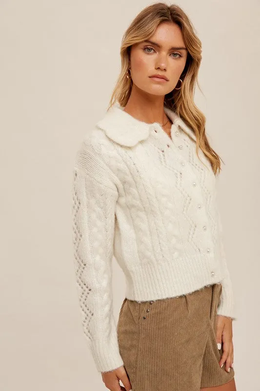 Bib Collar Pearl Button Down Knit Cardigan