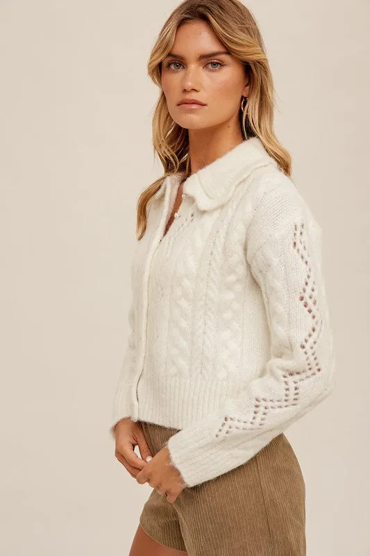 Bib Collar Pearl Button Down Knit Cardigan