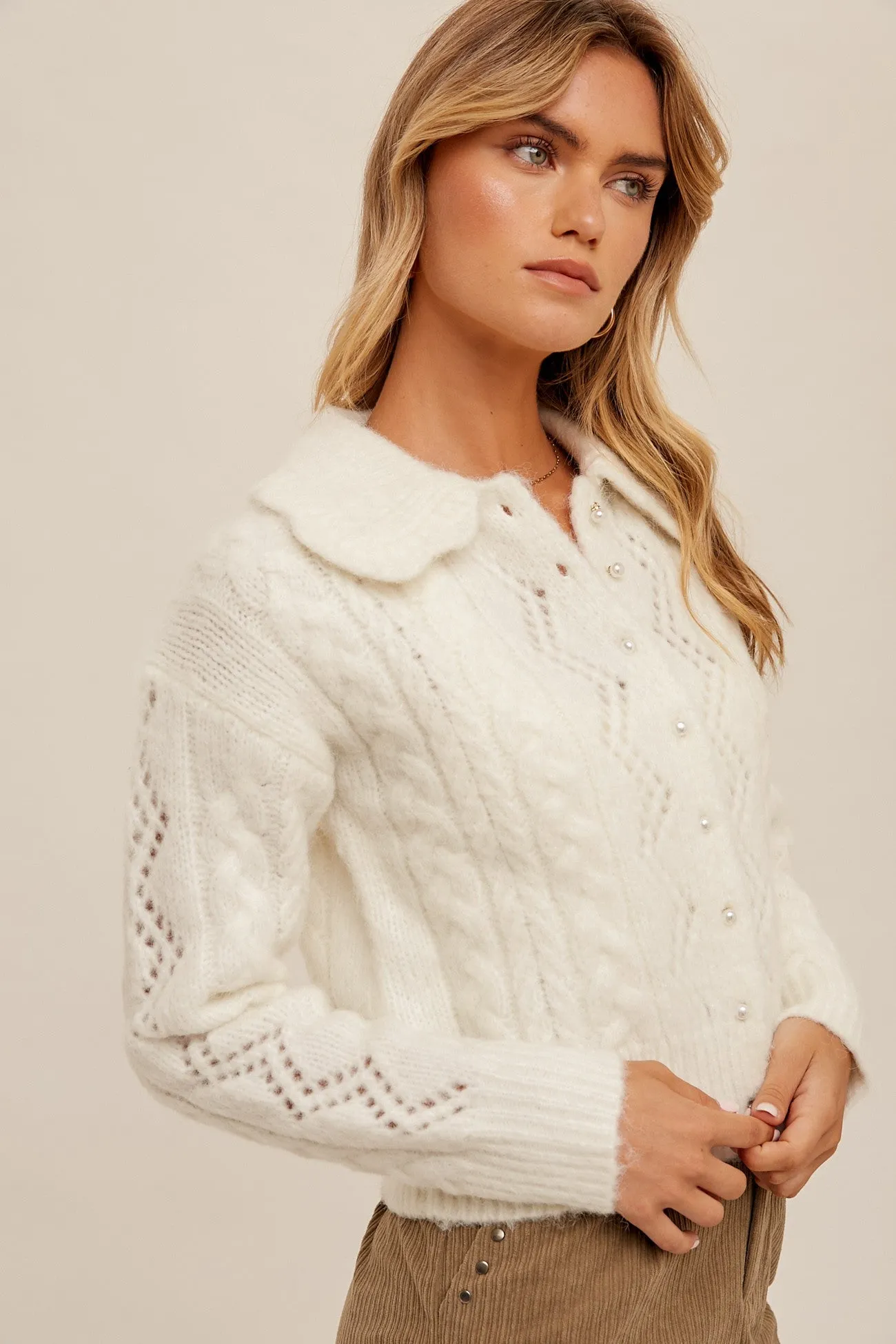 Bib Collar Pearl Button Down Knit Cardigan