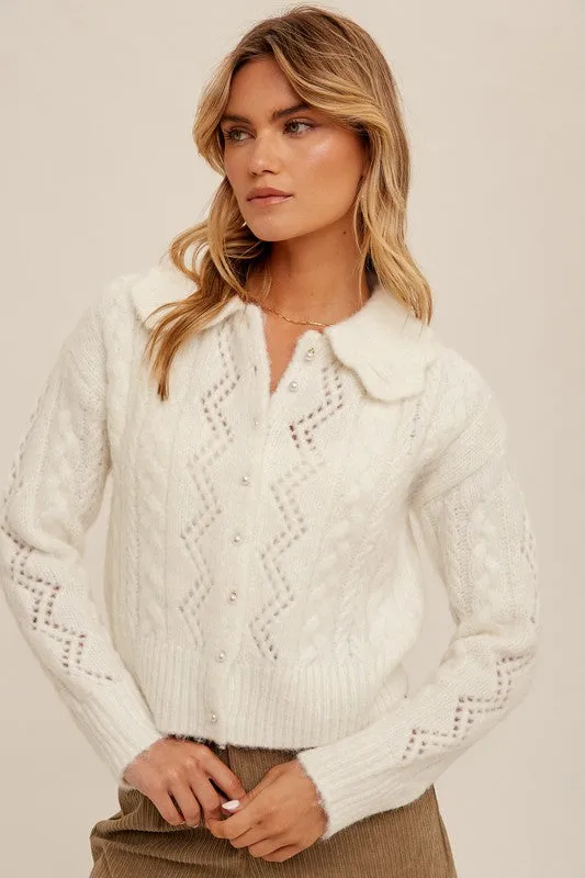 Bib Collar Pearl Button Down Knit Cardigan