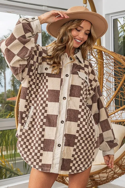 BiBi Checkered Jacket Mocha Women US Stock Button Down Corduroy Shacket