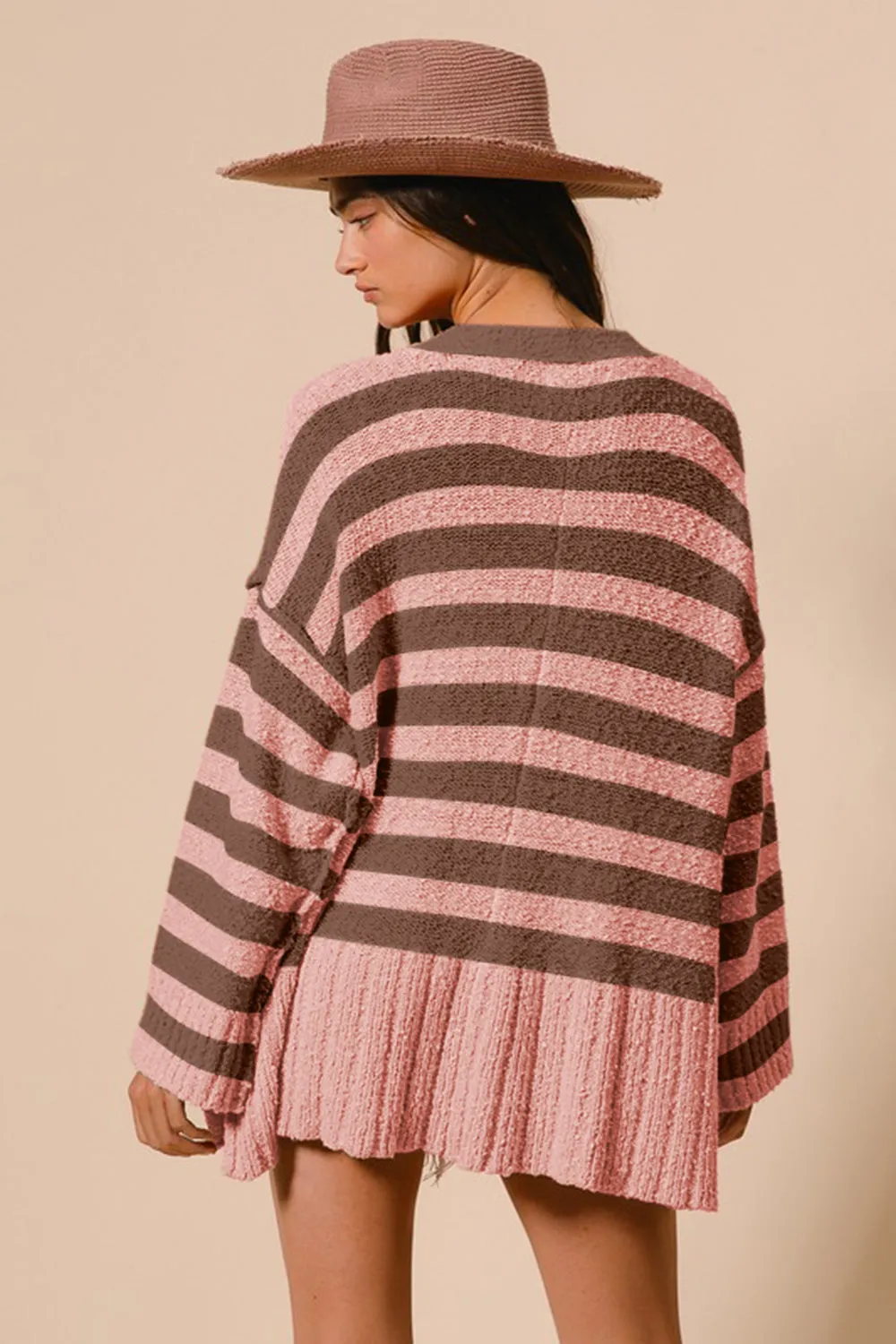 BiBi Women Cardigan Slit Striped Blush Pink V-Neck Oversize Long Sleeve