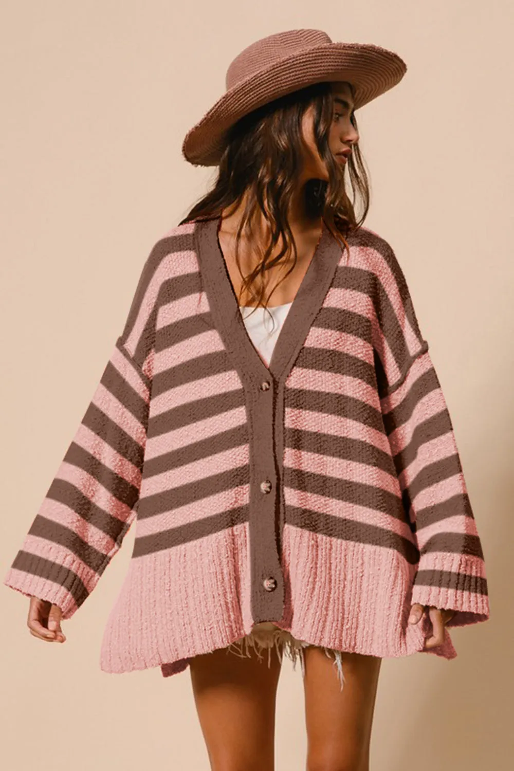 BiBi Women Cardigan Slit Striped Blush Pink V-Neck Oversize Long Sleeve