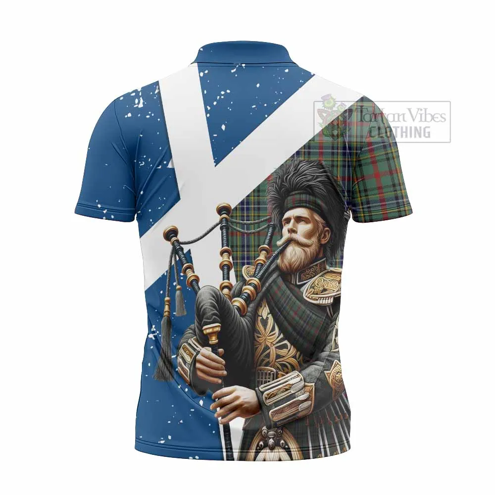 Bisset Tartan Zipper Polo Shirt with Family Crest Scottish Bagpiper Vibes