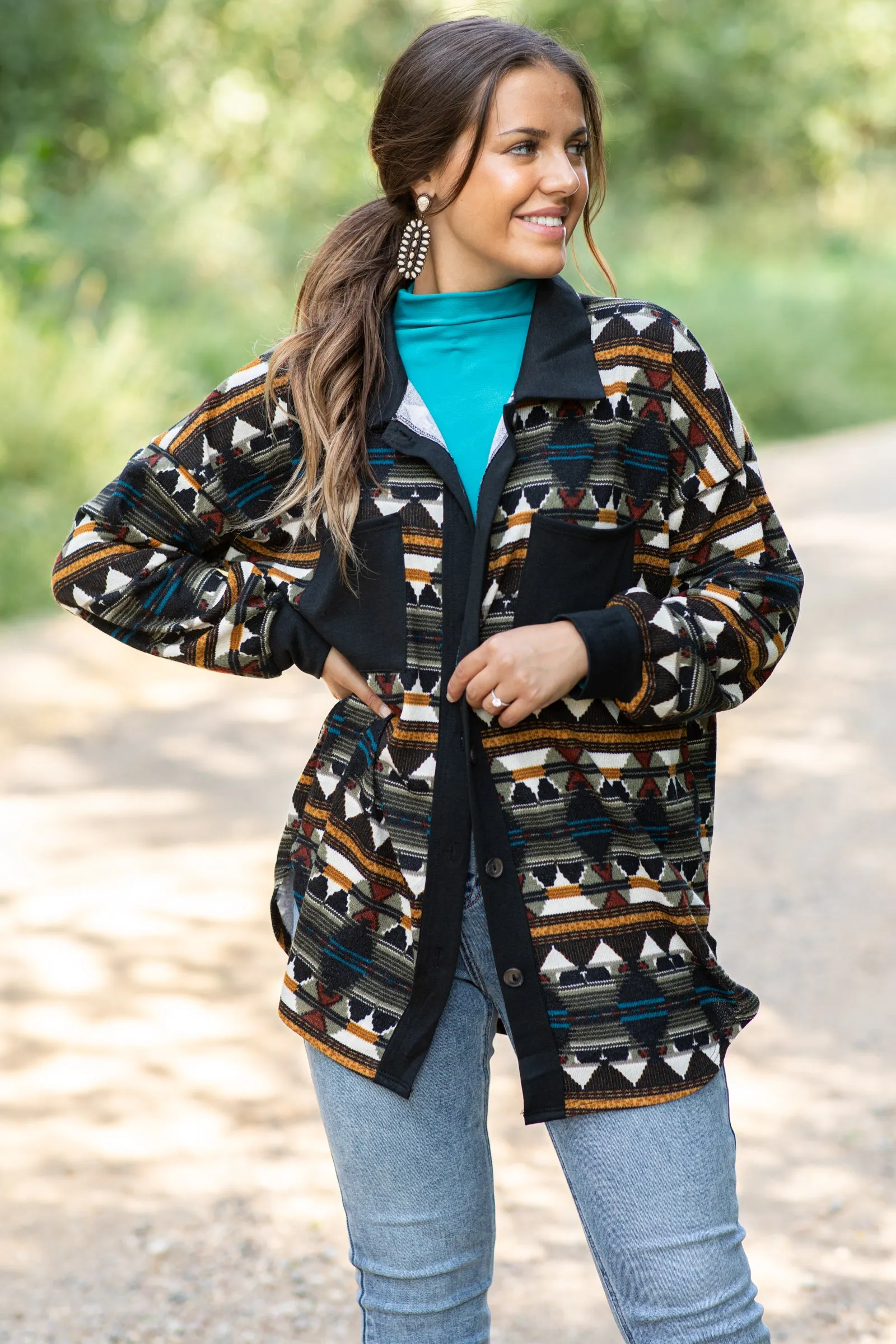 Black Aztec Print Knit Lightweight Shacket