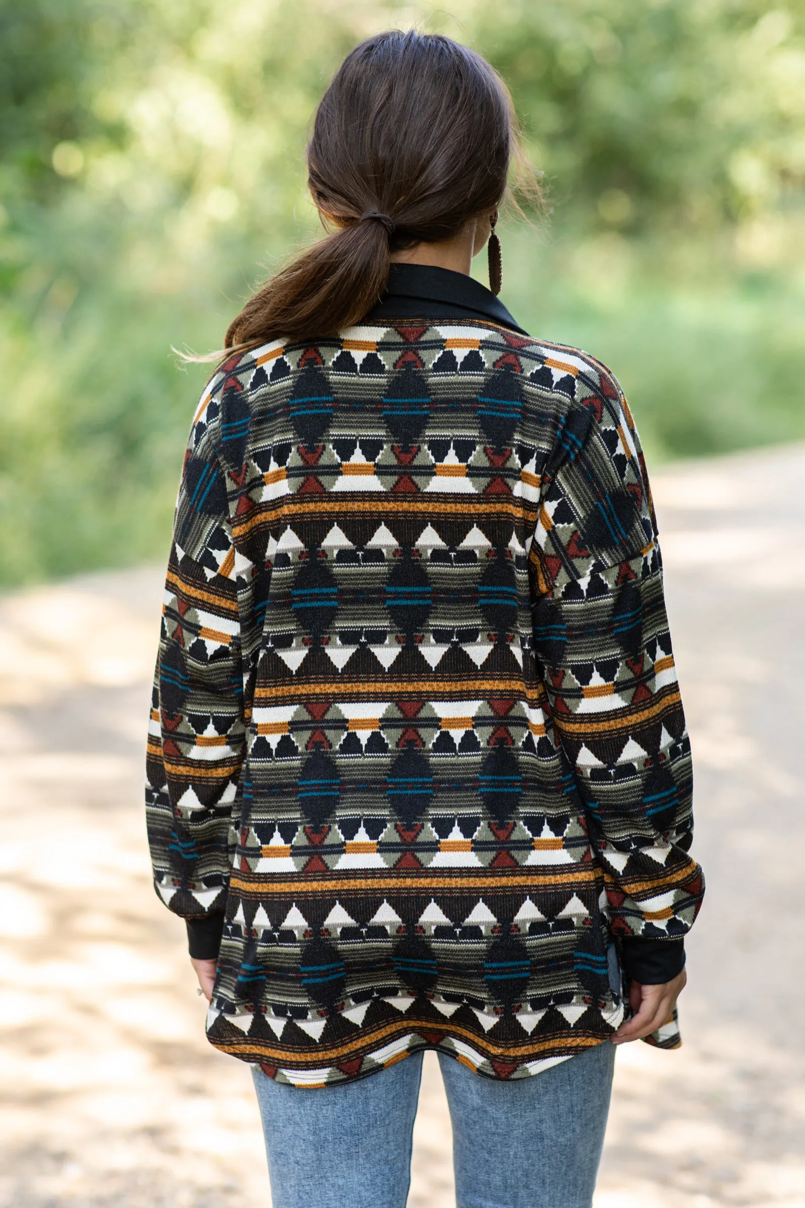 Black Aztec Print Knit Lightweight Shacket