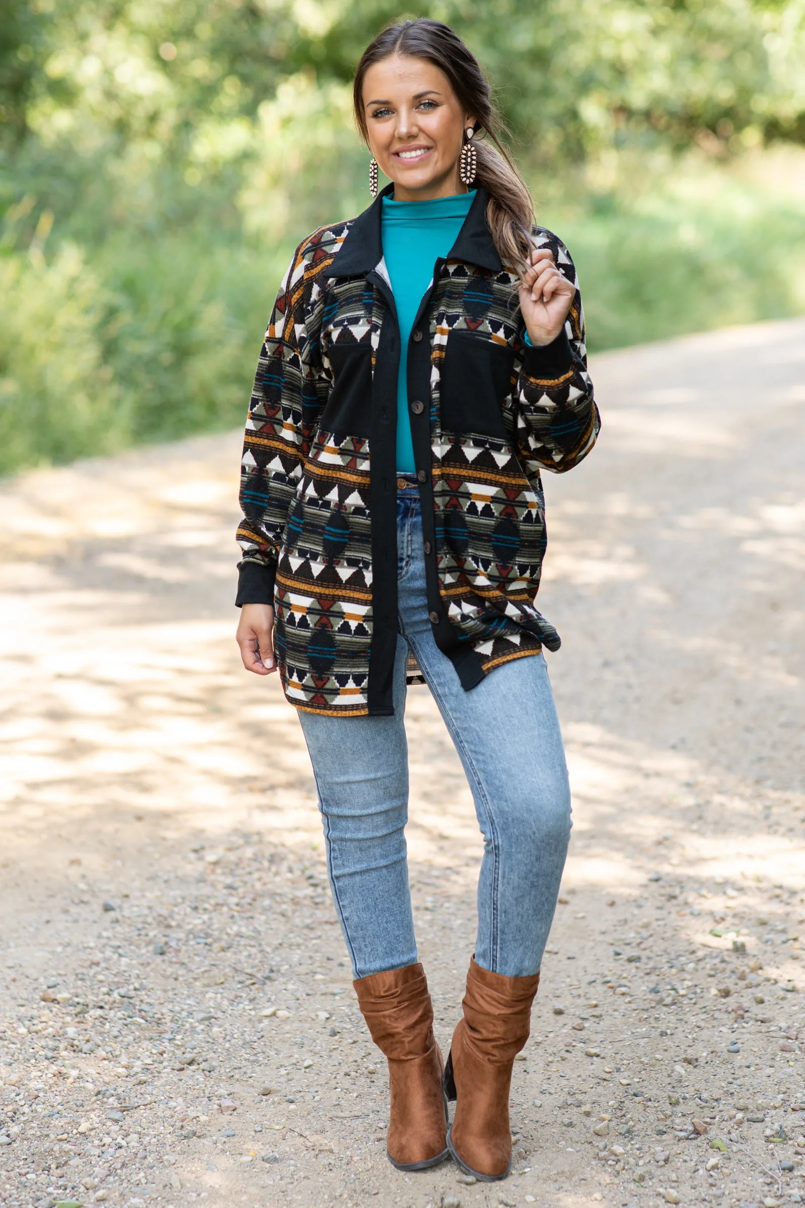 Black Aztec Print Knit Lightweight Shacket