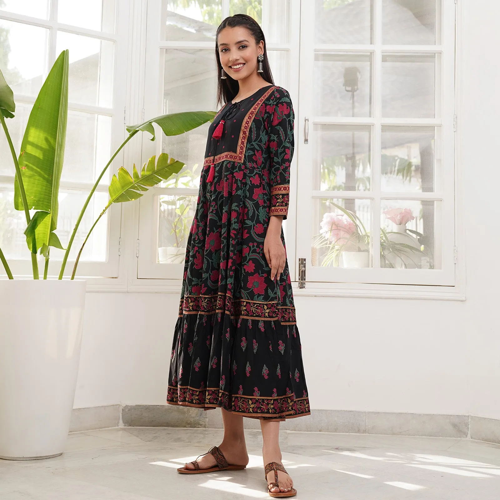 Black Floral Dress with Hem Details