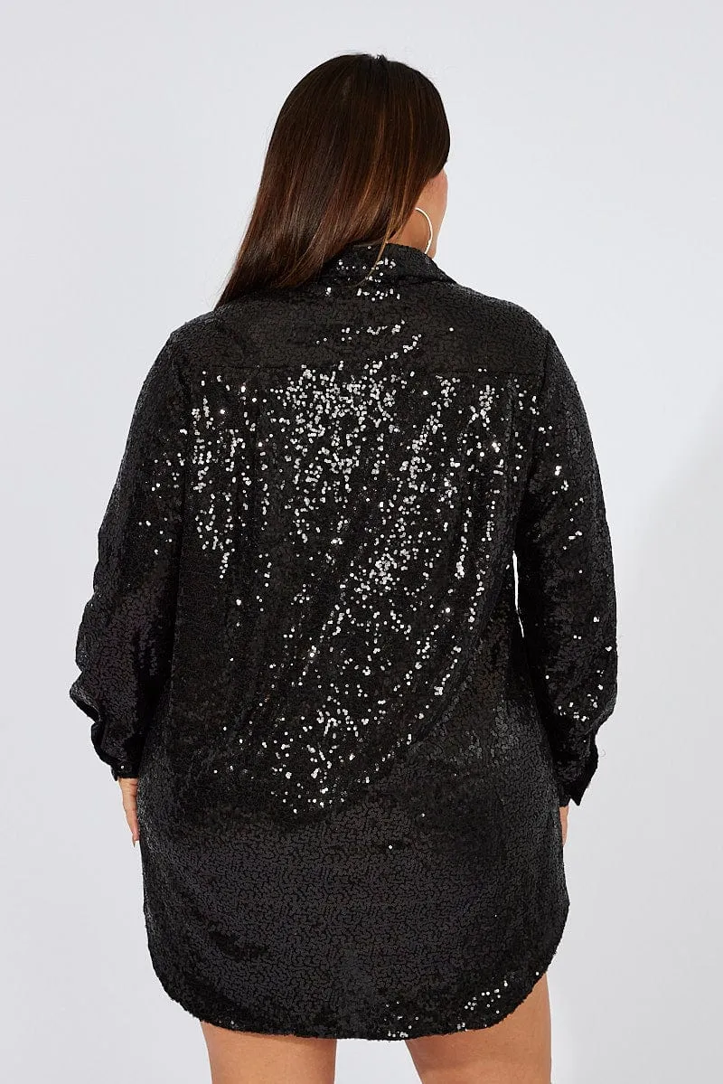 Black Sequin Long Overshirt Jacket