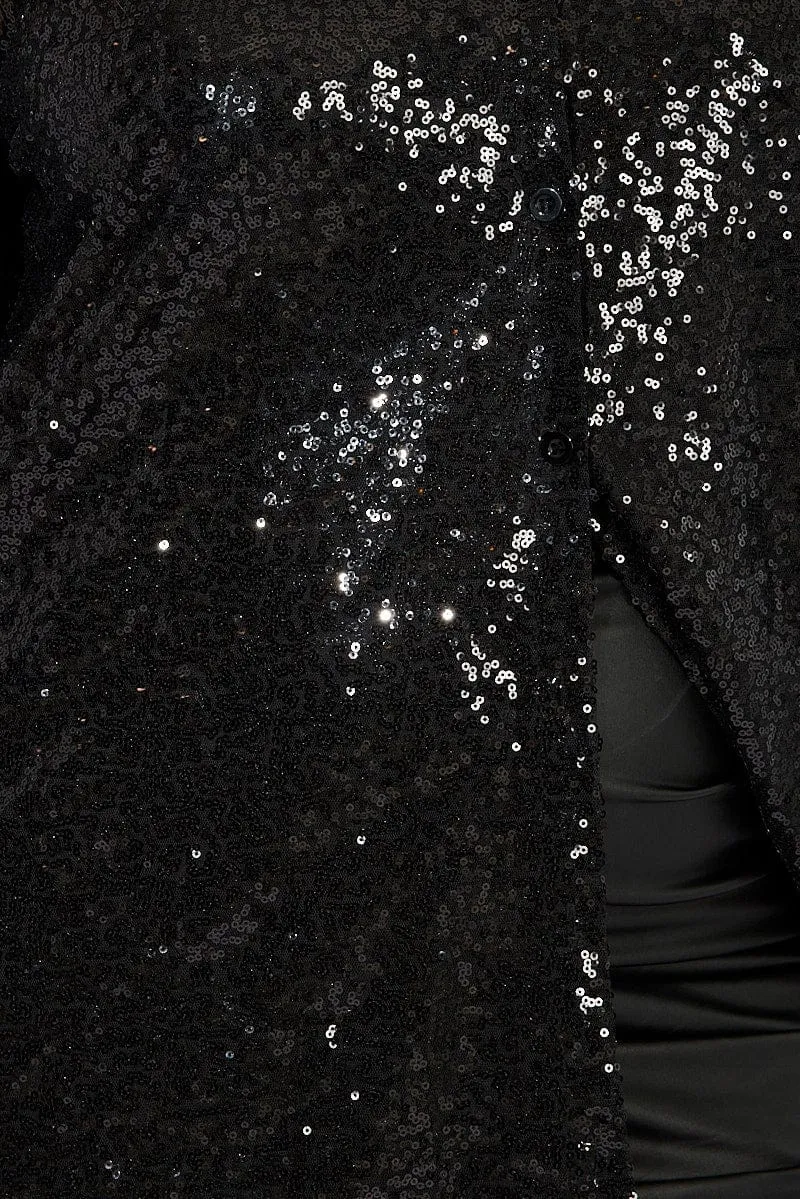 Black Sequin Long Overshirt Jacket