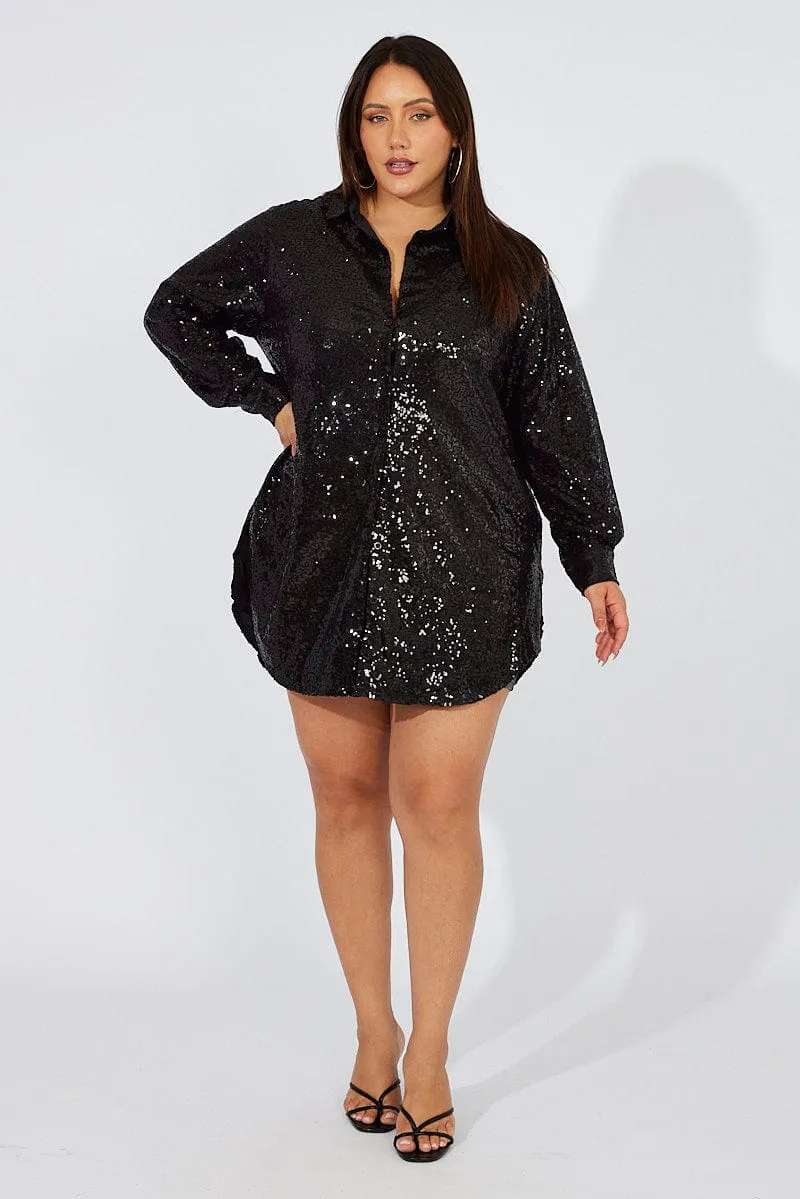 Black Sequin Long Overshirt Jacket