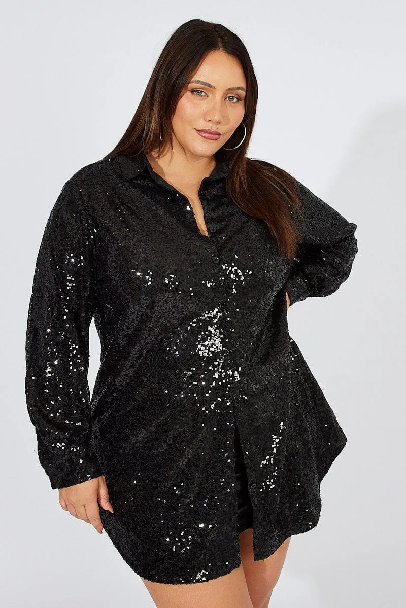 Black Sequin Long Overshirt Jacket