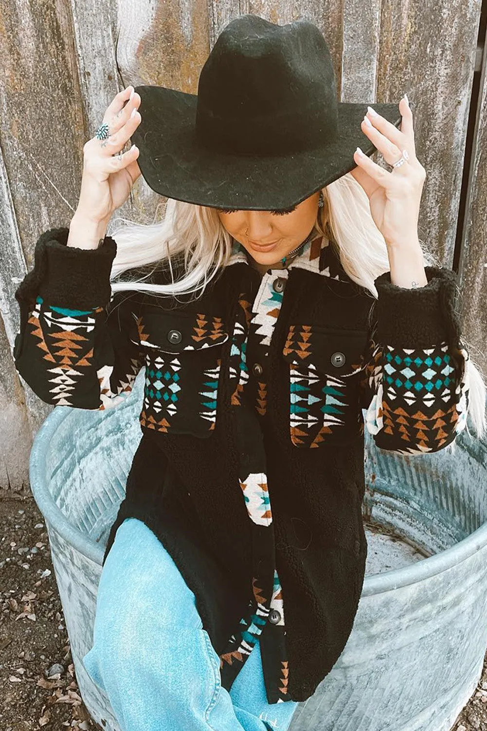 Black Western Aztec Print Accent Fleece Shacket