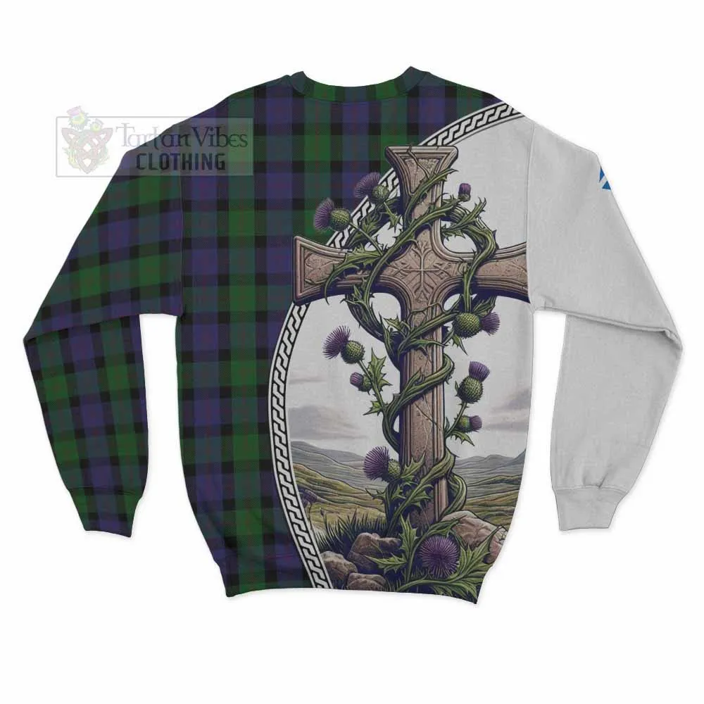 Blair Tartan Sweatshirt with Family Crest and St. Andrew's Cross Accented by Thistle Vines