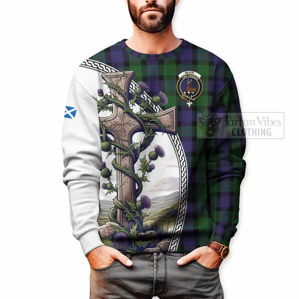 Blair Tartan Sweatshirt with Family Crest and St. Andrew's Cross Accented by Thistle Vines