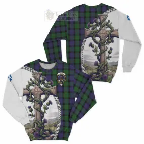 Blair Tartan Sweatshirt with Family Crest and St. Andrew's Cross Accented by Thistle Vines