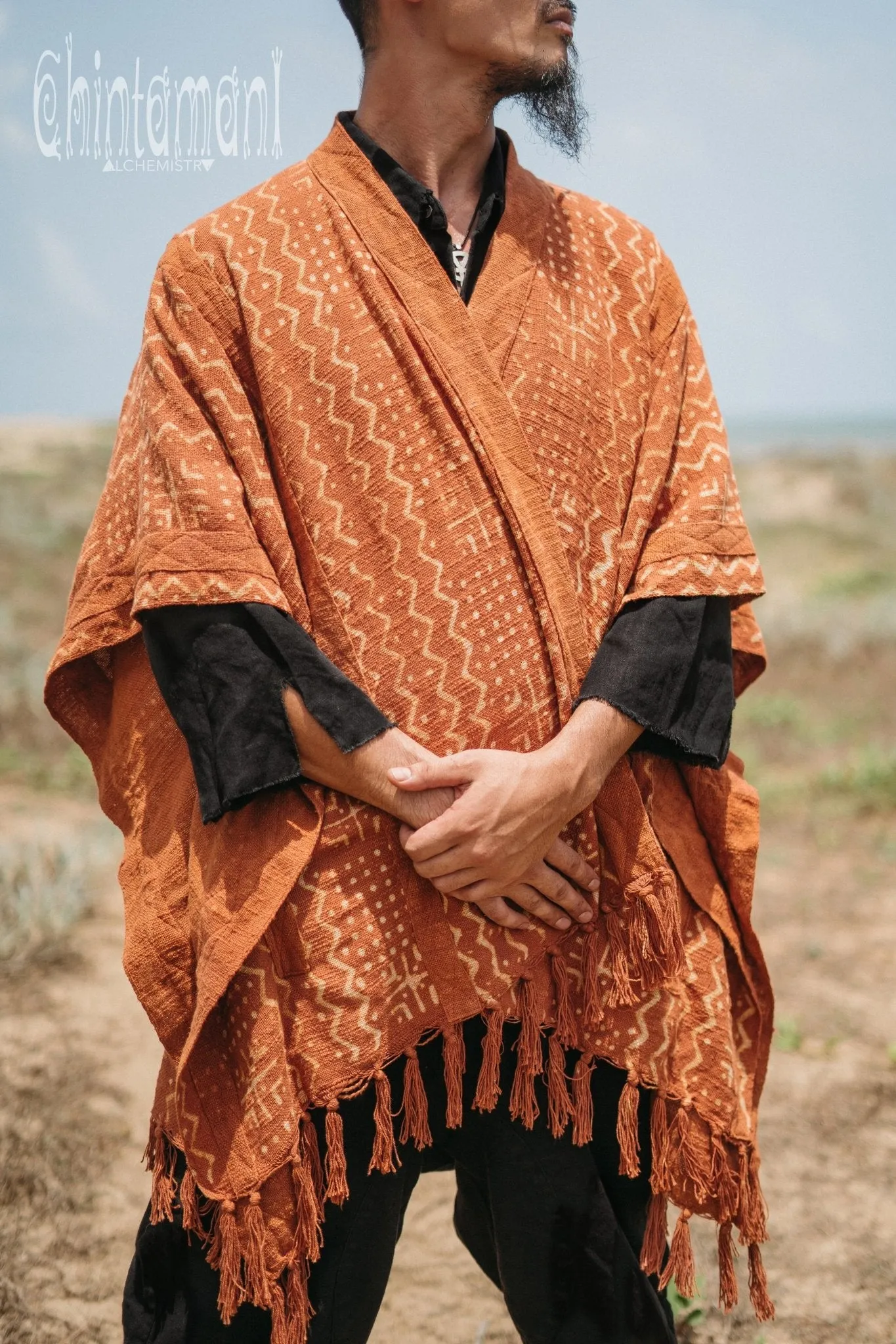 Blanket Poncho with Block Print for Men / Rust